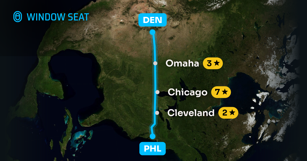 Map of the Philadelphia to Denver flight path with its landmarks on each side