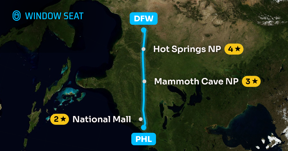 Map of the Philadelphia to Dallas-Fort Worth flight path with its landmarks on each side
