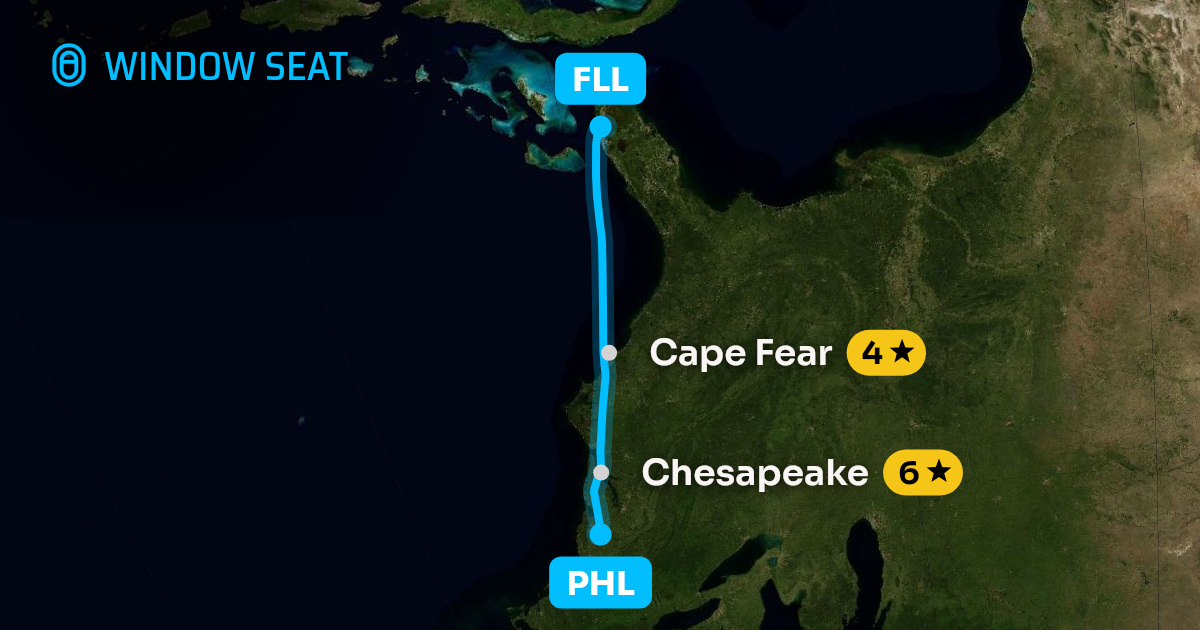Map of the Philadelphia to Fort Lauderdale flight path with its landmarks on each side