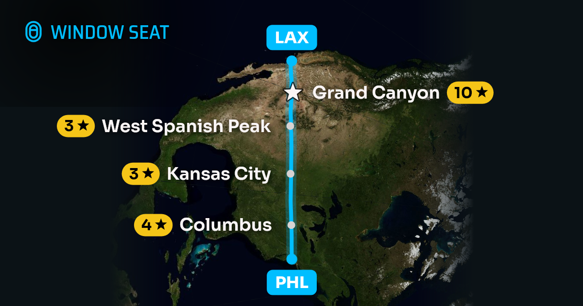 Map of the Philadelphia to Los Angeles flight path with its landmarks on each side