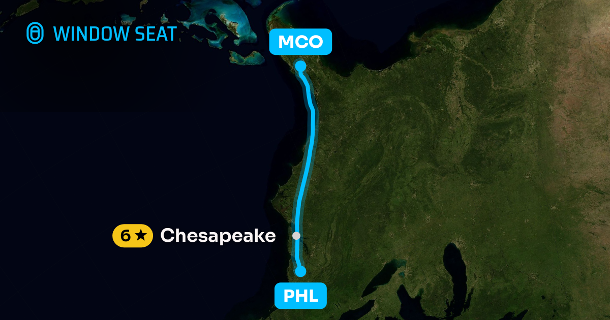 Map of the Philadelphia to Orlando flight path with its landmarks on each side