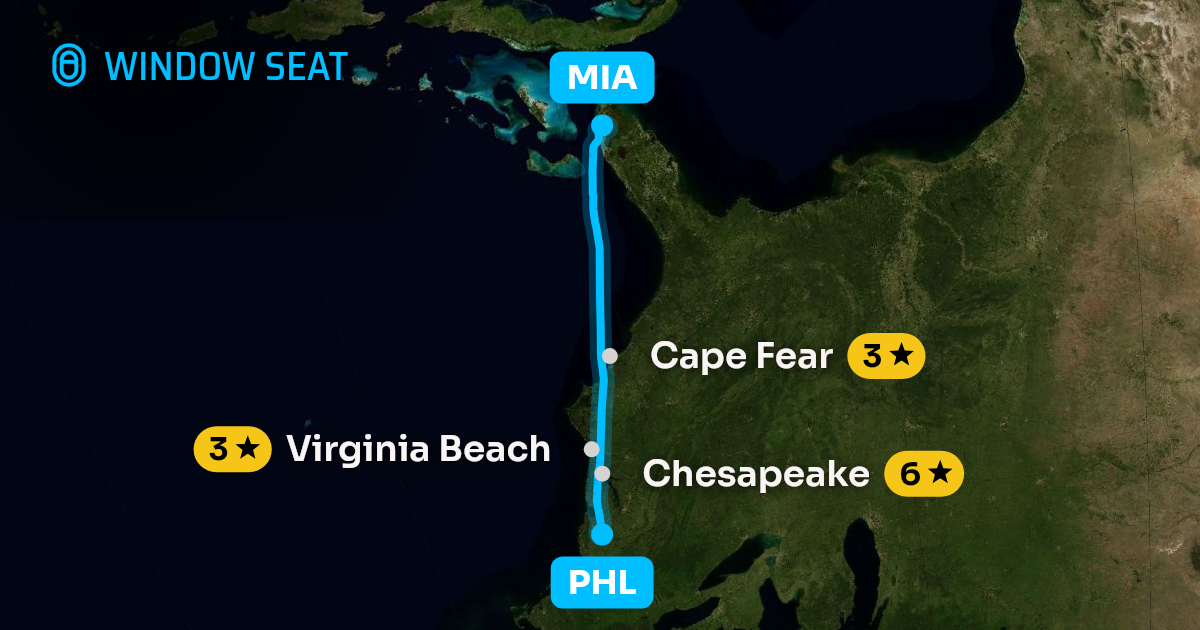 Map of the Philadelphia to Miami flight path with its landmarks on each side