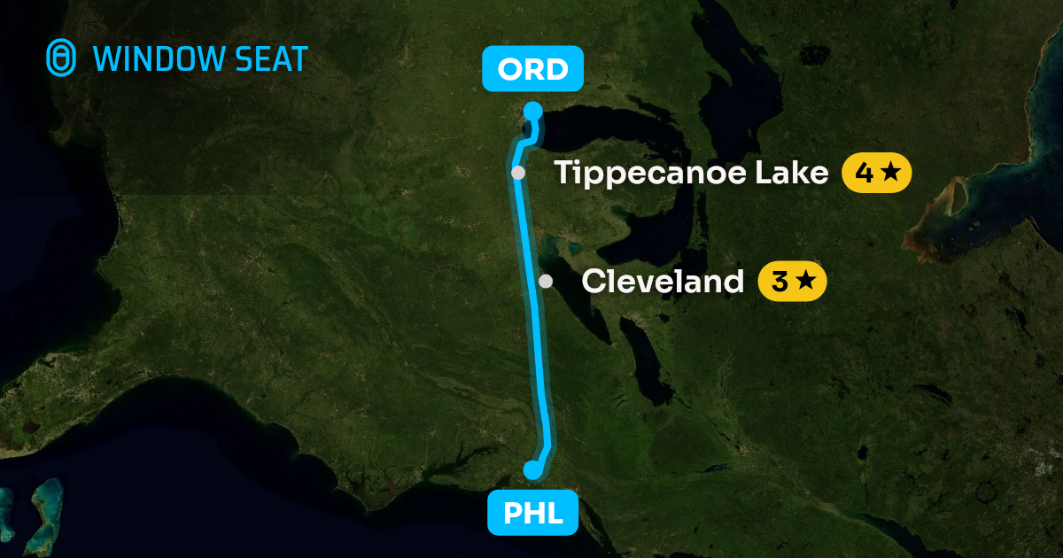Map of the Philadelphia to Chicago flight path with its landmarks on each side