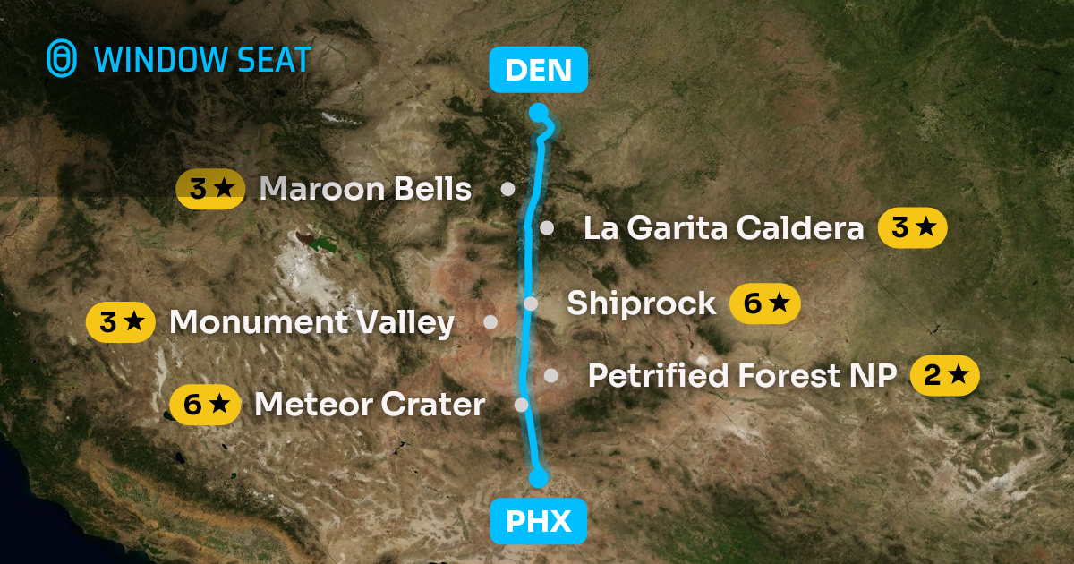 Map of the Phoenix to Denver flight path with its landmarks on each side