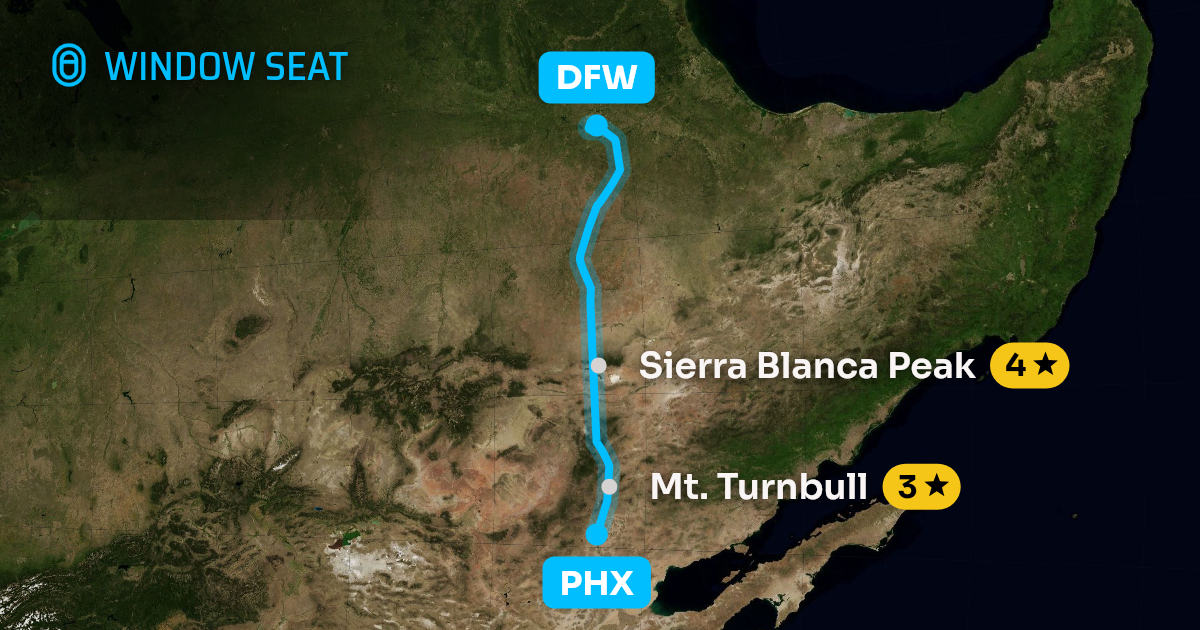 Map of the Phoenix to Dallas-Fort Worth flight path with its landmarks on each side