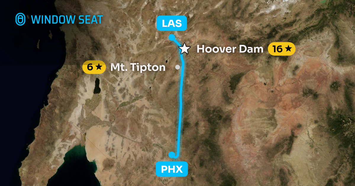 Map of the Phoenix to Las Vegas flight path with its landmarks on each side