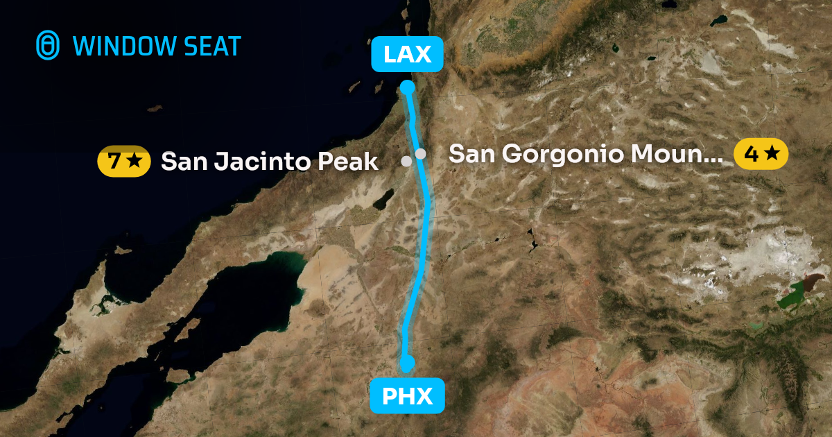 Map of the Phoenix to Los Angeles flight path with its landmarks on each side