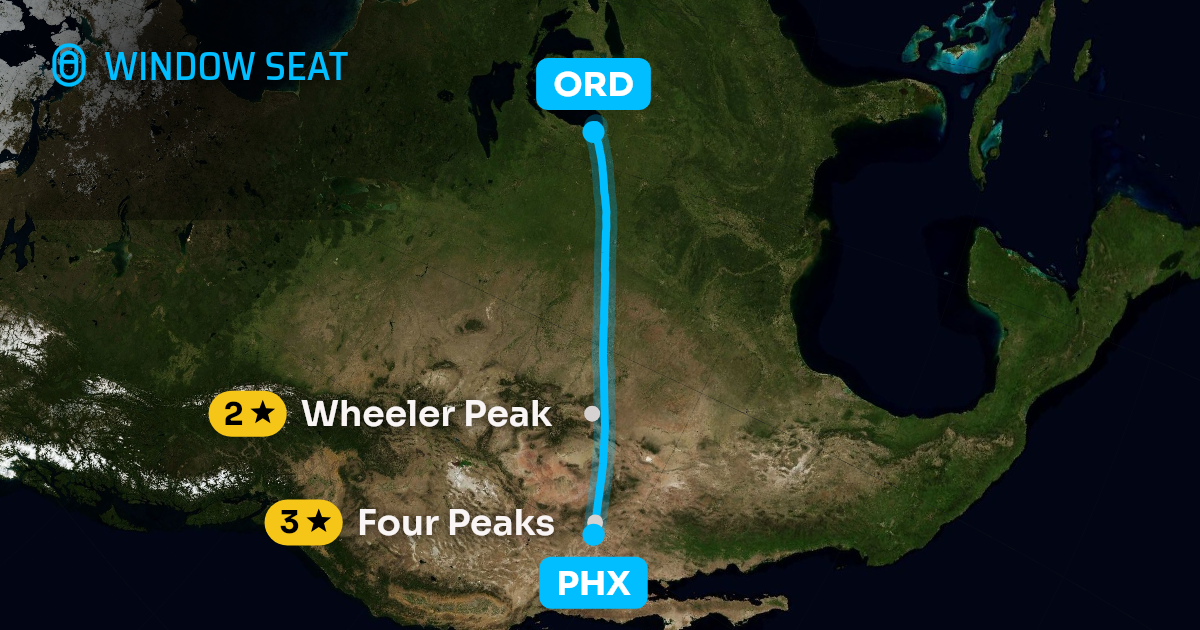 Map of the Phoenix to Chicago flight path with its landmarks on each side