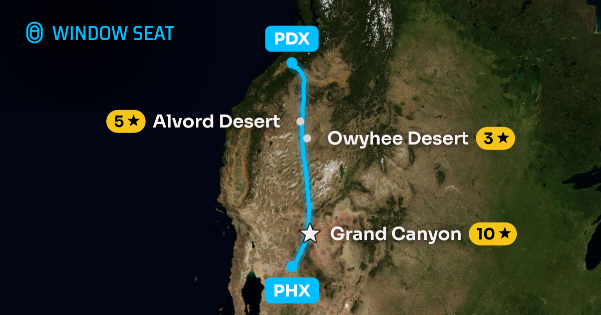 Map of the Phoenix to Portland flight path with its landmarks on each side