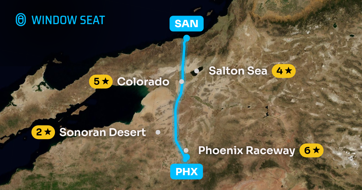 Map of the Phoenix to San Diego flight path with its landmarks on each side