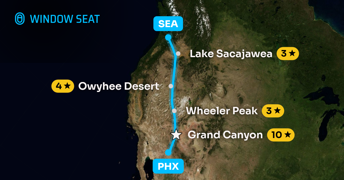 Map of the Phoenix to Seattle flight path with its landmarks on each side