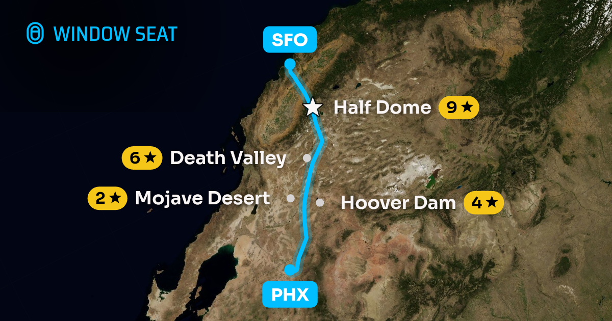 Map of the Phoenix to San Francisco flight path with its landmarks on each side