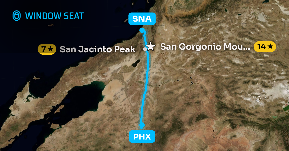 Map of the Phoenix to Orange County flight path with its landmarks on each side