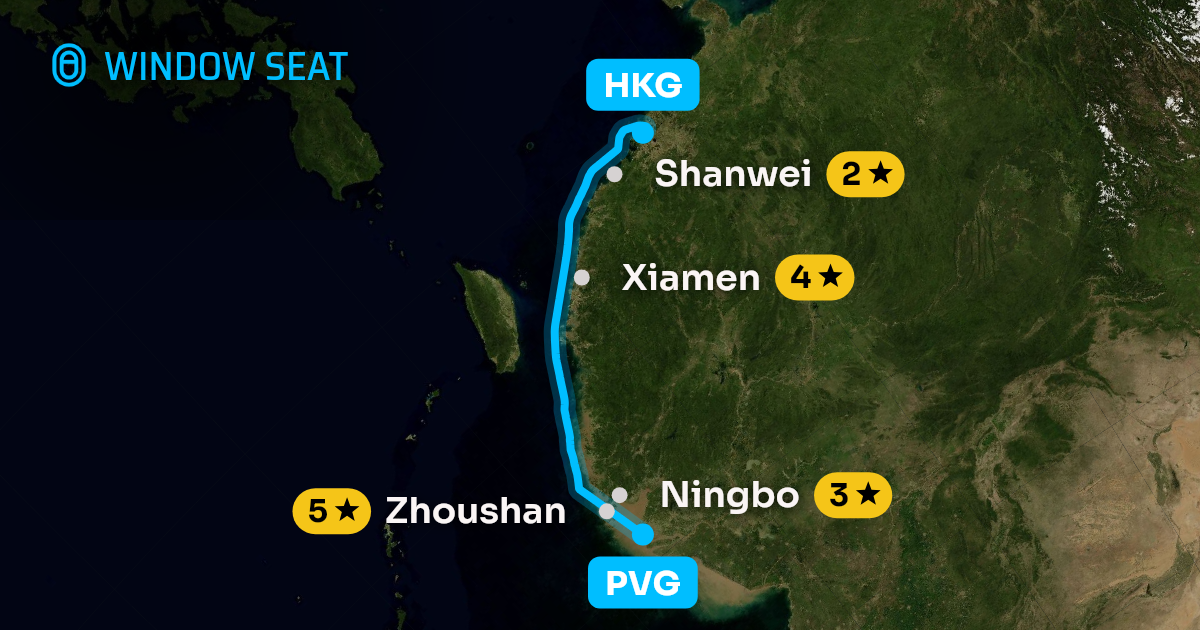 Map of the Shanghai to Hong Kong flight path with its landmarks on each side