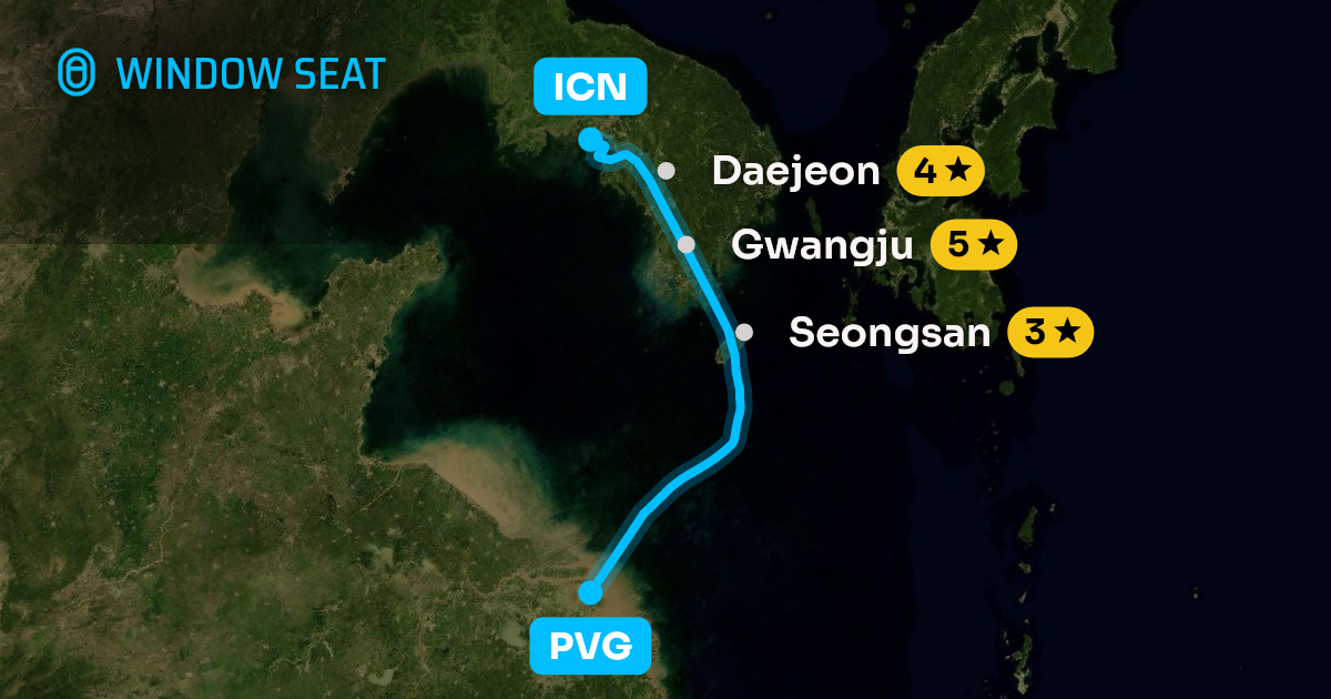 Map of the Shanghai to Seoul flight path with its landmarks on each side