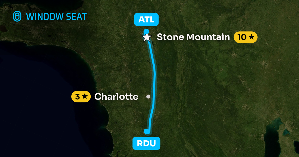 Map of the Raleigh/Durham to Atlanta flight path with its landmarks on each side