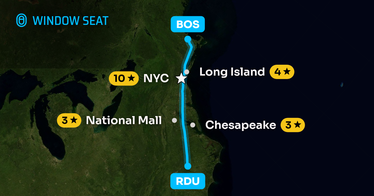 Map of the Raleigh/Durham to Boston flight path with its landmarks on each side