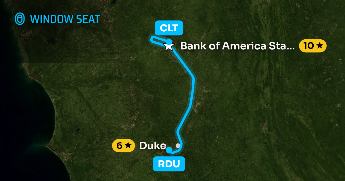 Map of the Raleigh/Durham to Charlotte flight path with its landmarks on each side