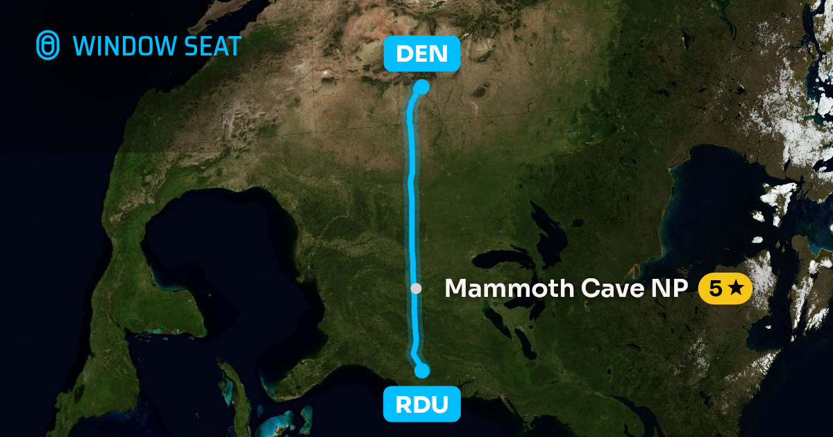 Map of the Raleigh/Durham to Denver flight path with its landmarks on each side