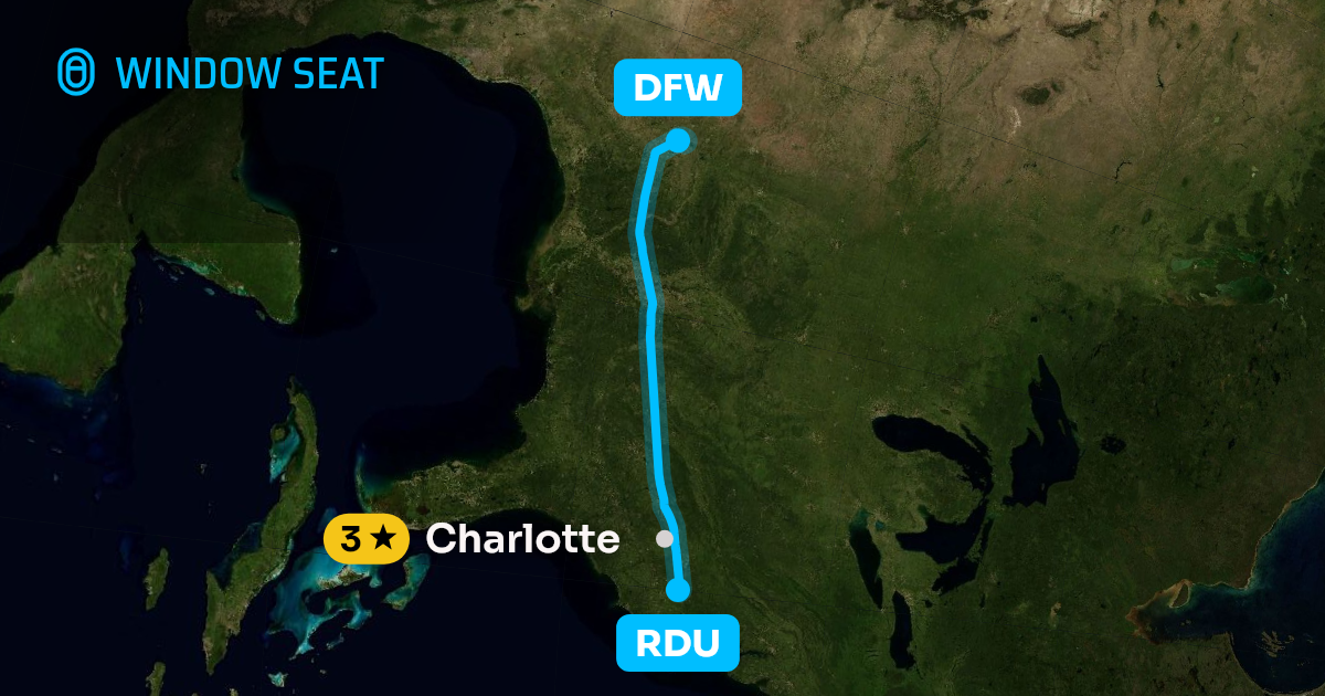 Map of the Raleigh/Durham to Dallas-Fort Worth flight path with its landmarks on each side