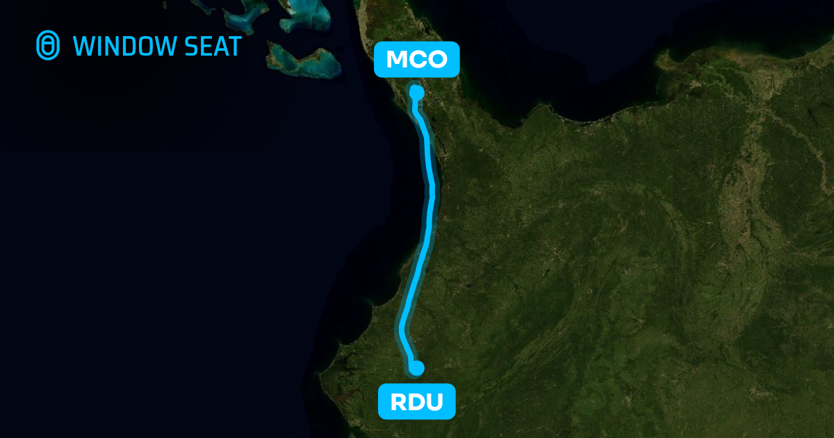 Map of the Raleigh/Durham to Orlando flight path with its landmarks on each side