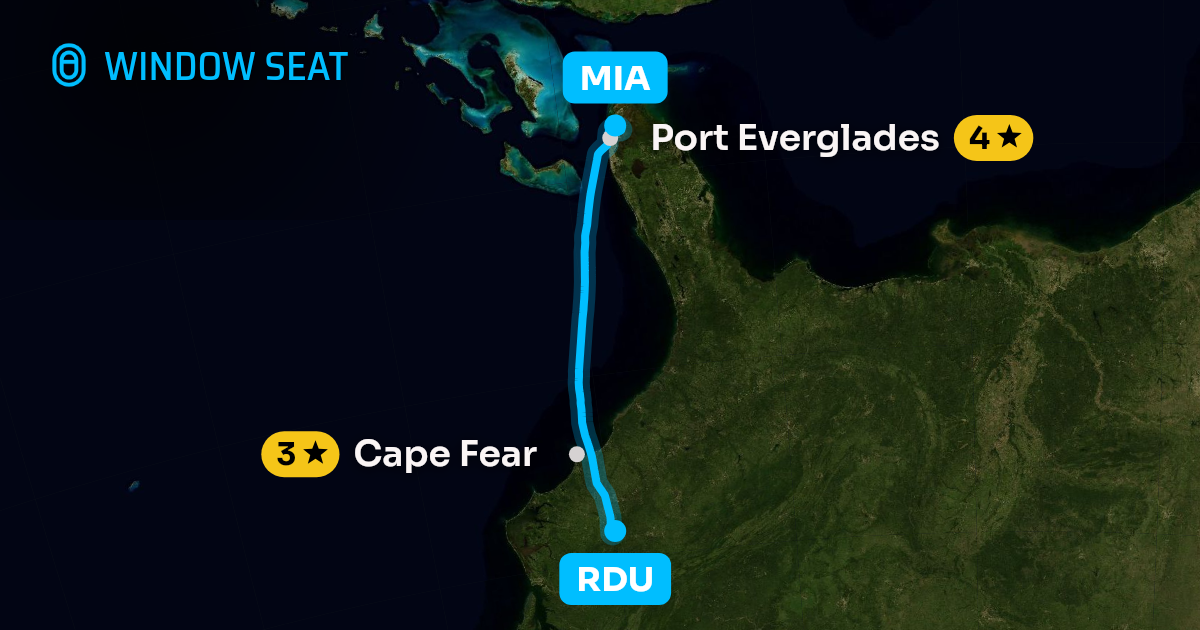 Map of the Raleigh/Durham to Miami flight path with its landmarks on each side