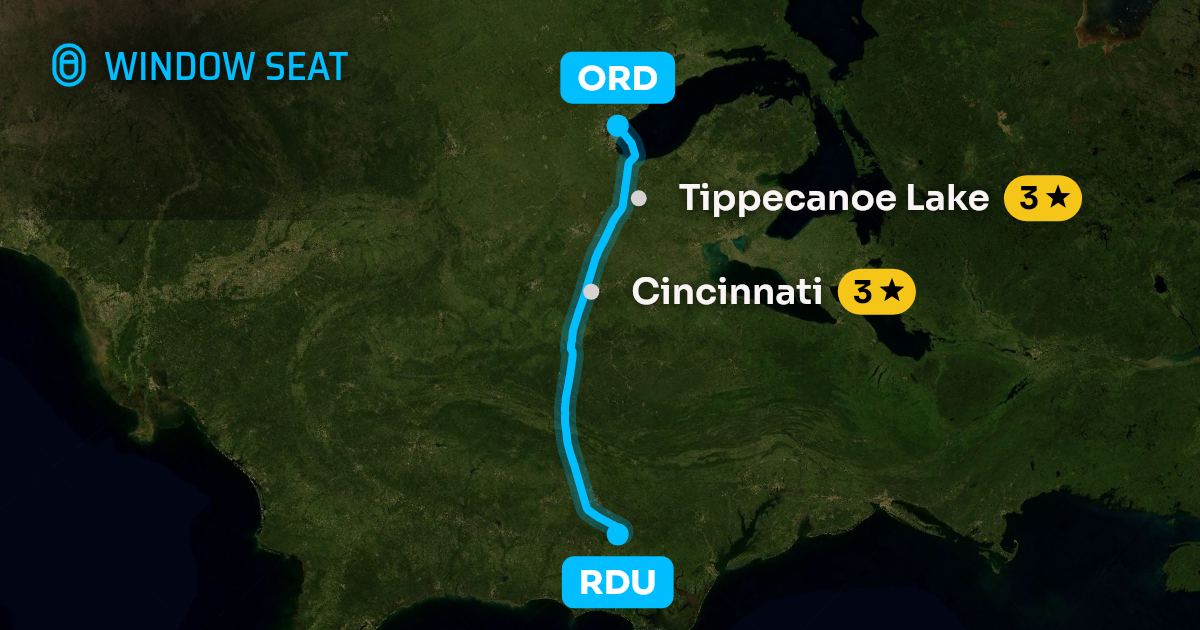 Map of the Raleigh/Durham to Chicago flight path with its landmarks on each side