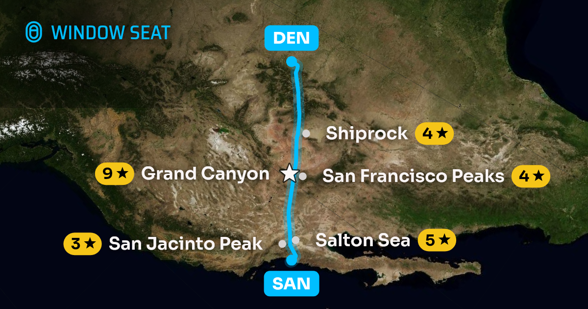 Map of the San Diego to Denver flight path with its landmarks on each side