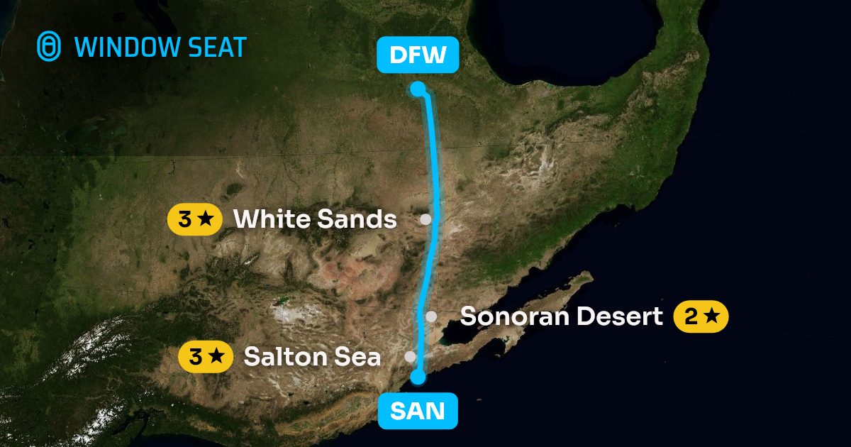 Map of the San Diego to Dallas-Fort Worth flight path with its landmarks on each side