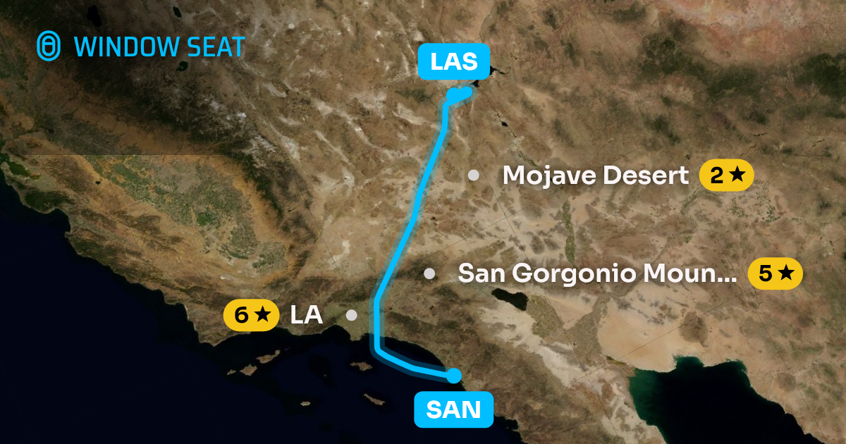 Map of the San Diego to Las Vegas flight path with its landmarks on each side