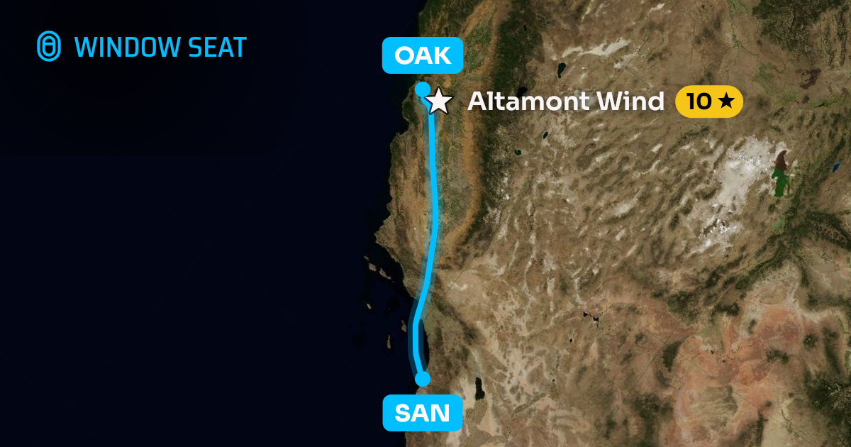 Map of the San Diego to Oakland flight path with its landmarks on each side
