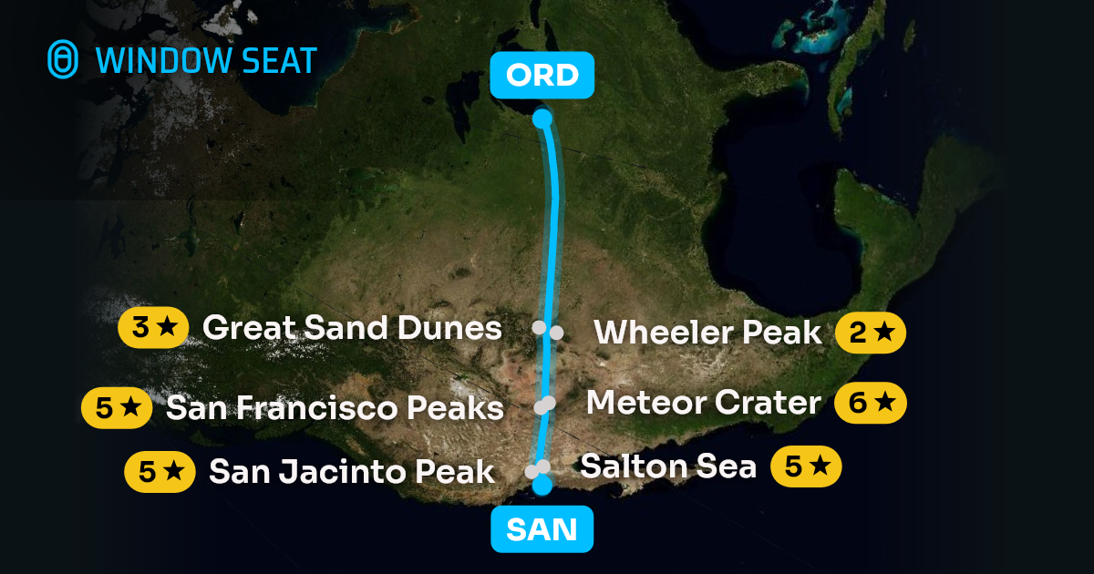 Map of the San Diego to Chicago flight path with its landmarks on each side