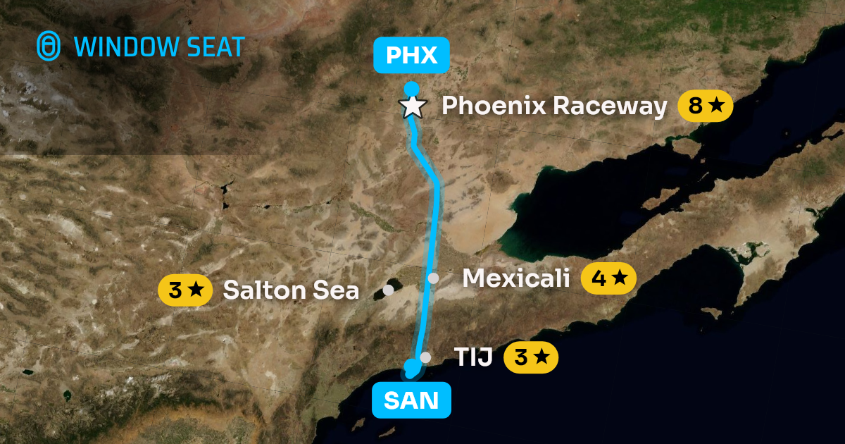 Map of the San Diego to Phoenix flight path with its landmarks on each side