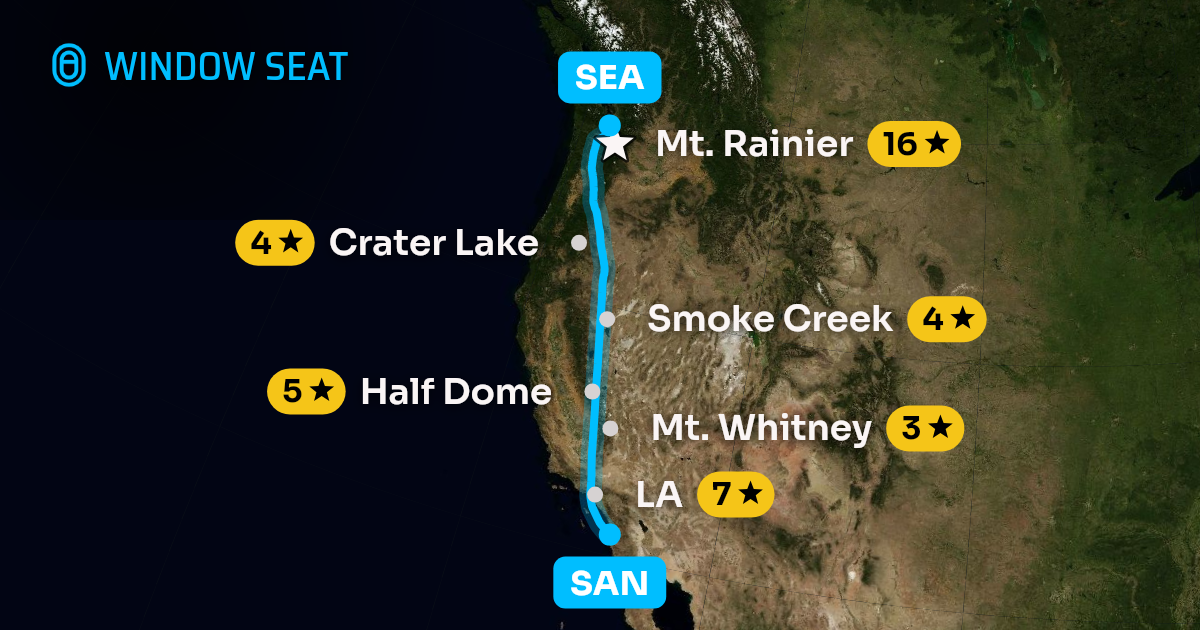 Map of the San Diego to Seattle flight path with its landmarks on each side