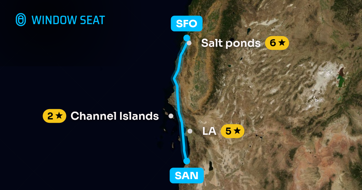Map of the San Diego to San Francisco flight path with its landmarks on each side