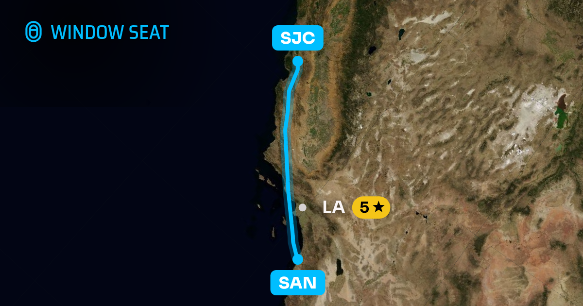 Map of the San Diego to San Jose flight path with its landmarks on each side