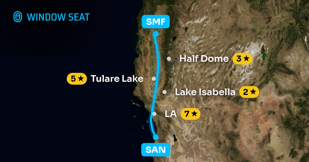 Map of the San Diego to Sacramento flight path with its landmarks on each side