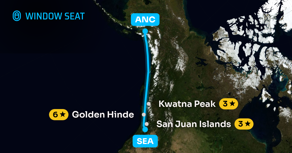 Map of the Seattle to Anchorage flight path with its landmarks on each side
