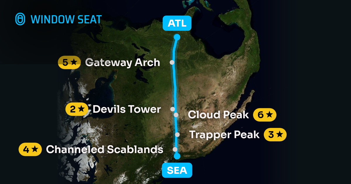 Map of the Seattle to Atlanta flight path with its landmarks on each side