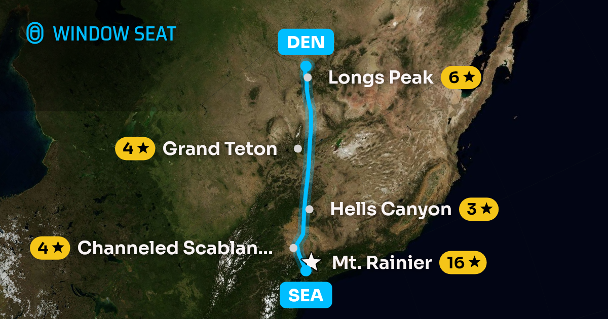 Map of the Seattle to Denver flight path with its landmarks on each side