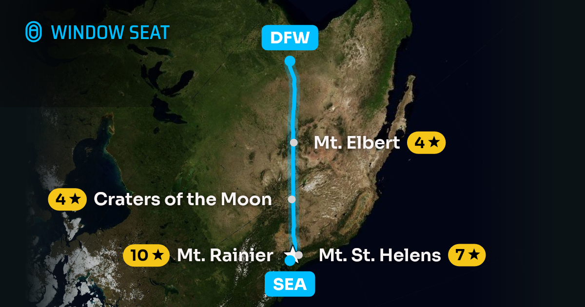 Map of the Seattle to Dallas-Fort Worth flight path with its landmarks on each side