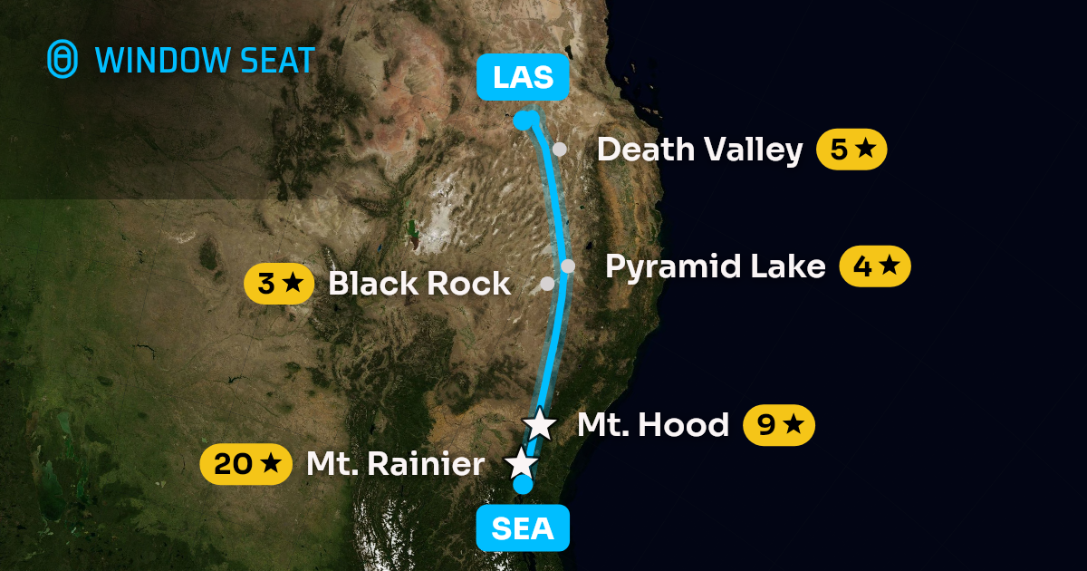 Map of the Seattle to Las Vegas flight path with its landmarks on each side