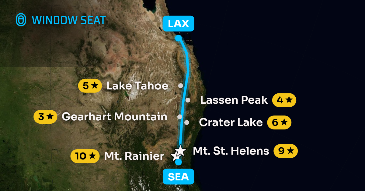 Map of the Seattle to Los Angeles flight path with its landmarks on each side