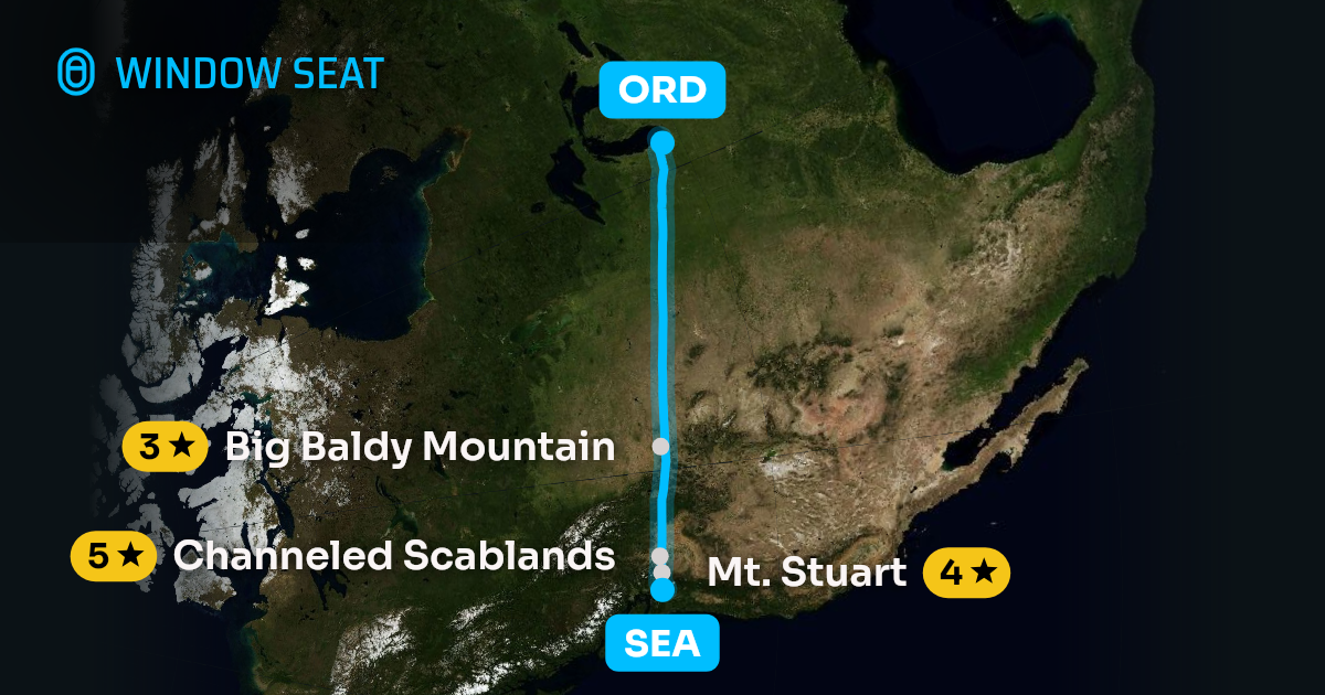 Map of the Seattle to Chicago flight path with its landmarks on each side