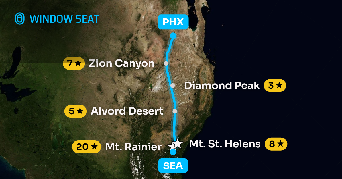 Map of the Seattle to Phoenix flight path with its landmarks on each side