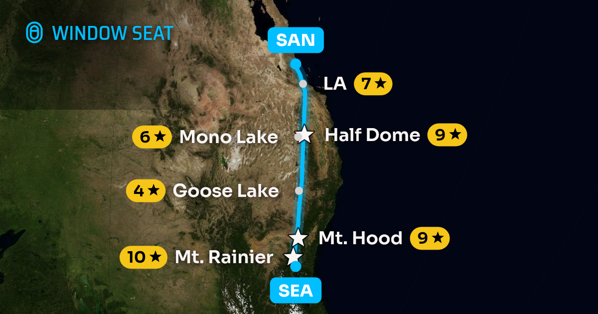 Map of the Seattle to San Diego flight path with its landmarks on each side