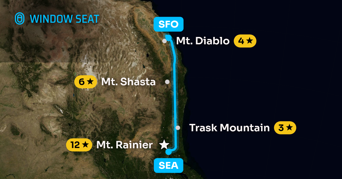 Map of the Seattle to San Francisco flight path with its landmarks on each side