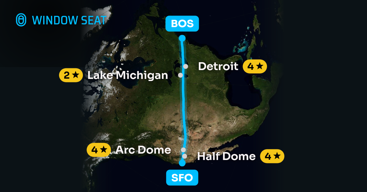Map of the San Francisco to Boston flight path with its landmarks on each side