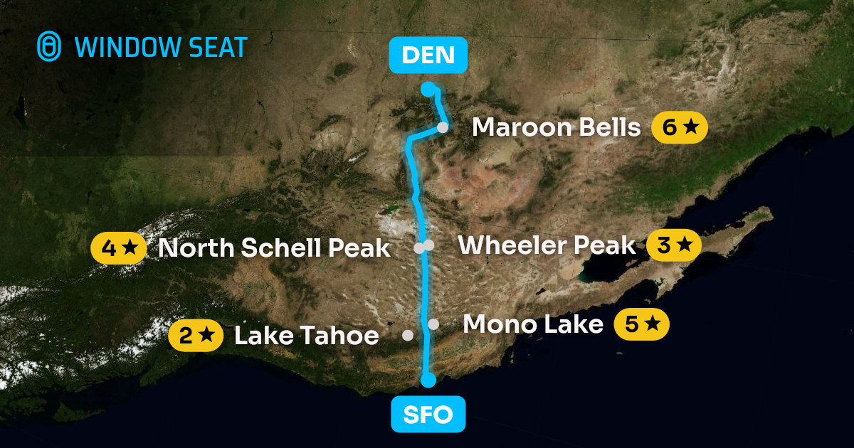 Map of the San Francisco to Denver flight path with its landmarks on each side
