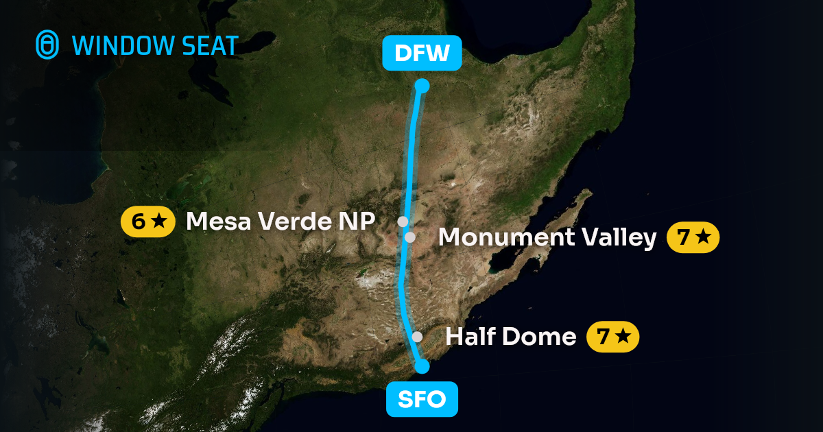 Map of the San Francisco to Dallas-Fort Worth flight path with its landmarks on each side